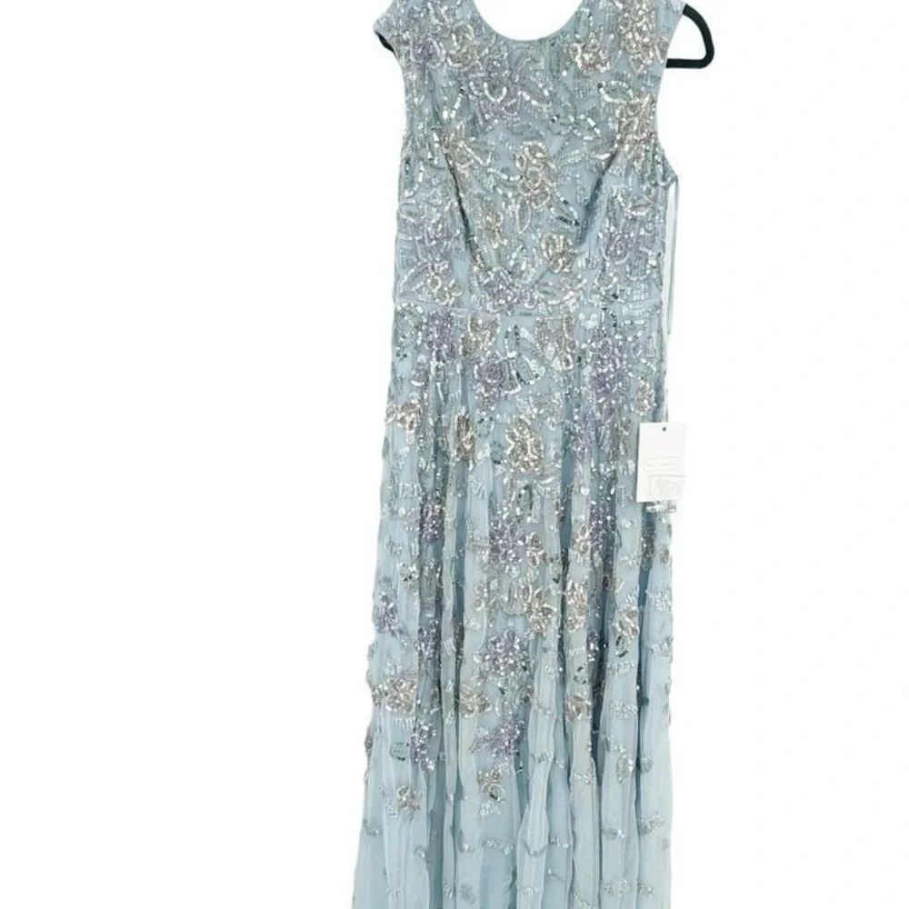 Mac Duggal Sequined High Neck Cap Sleeve A Line Gown Ice Blue Multi Size 10 NWT - Picture 5 of 7